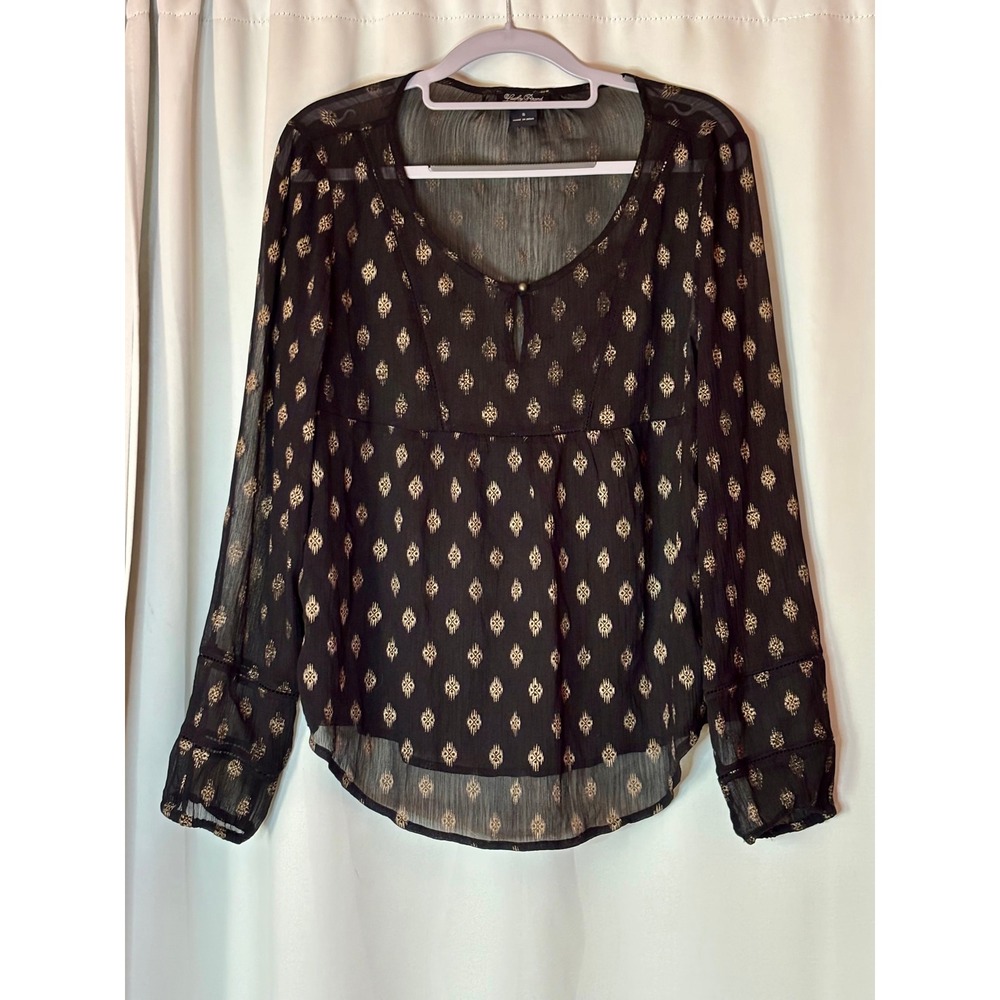 Lucky Brand Black Metallic Ikat Foil Peasant Top Long Sleeve Boho Blouse S Goth